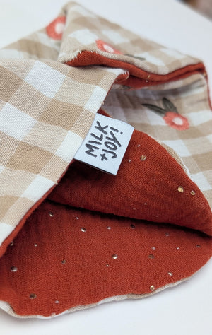 Sandy Gingham Embroidered Floral /Rust Gold Spot Bib